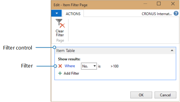 Shows a filter page for the item table